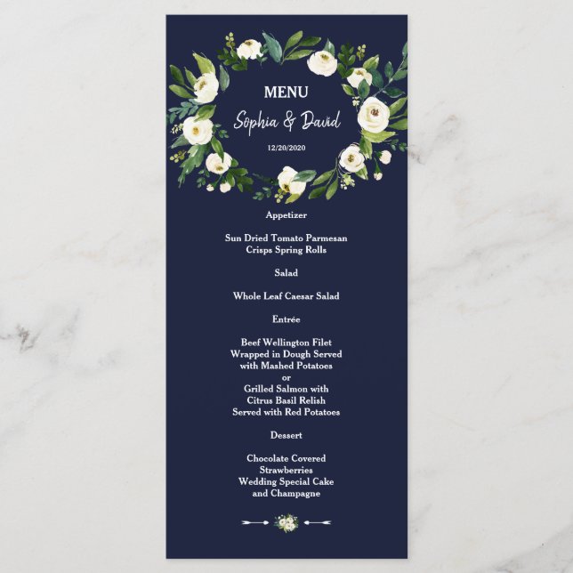 Aquarelle Blanc Floral Bleu foncé Menu Mariage (Devant)