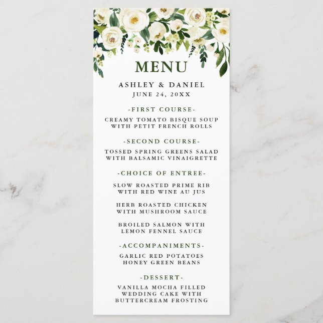 Aquarelle Blanc Floral Green Menu Mariage (Devant)