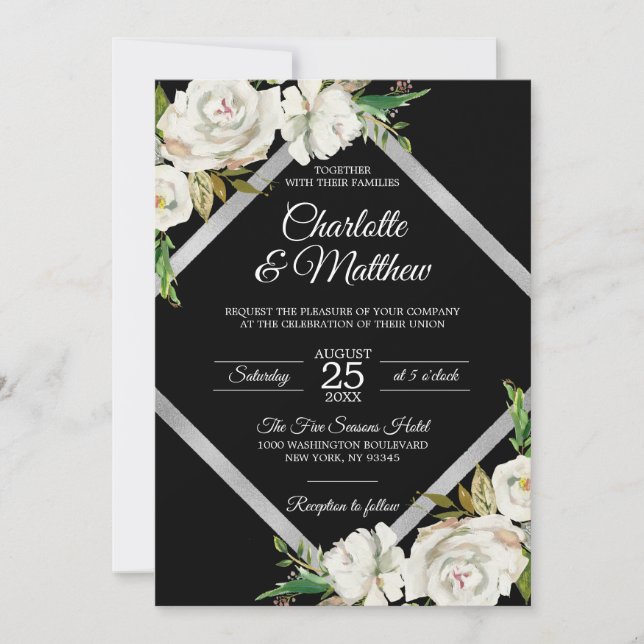 Aquarelle Blanc noir Faire-part de mariage Floral (Devant)