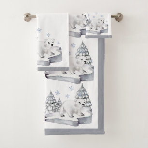 Aquarelle Blanc Polaire Ours Pin Arbres Noël