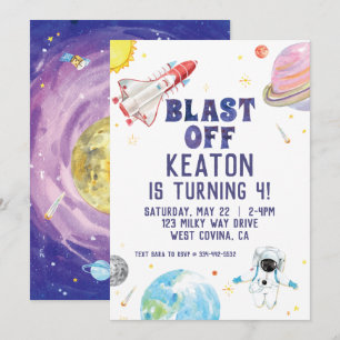 Aquarelle Blast off Space Invitation Anniversaire