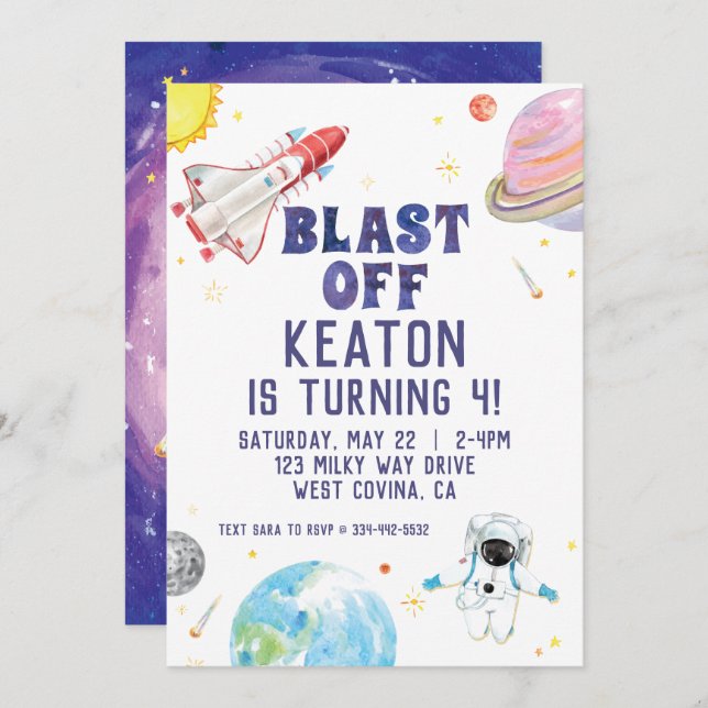 Aquarelle Blast off Space Invitation Anniversaire (Devant / Derrière)