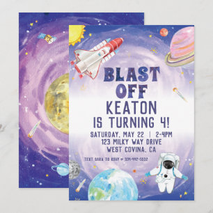 Aquarelle Blast off Space Invitation Anniversaire