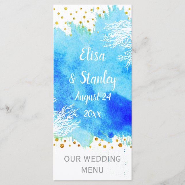 Aquarelle bleu Aqua, carte de menu mariage récif c (Devant)