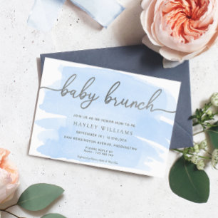 Aquarelle bleu Argent Bébé Brunch Invitation