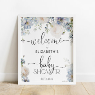 Aquarelle bleu Baby shower Floral Accueil Poster