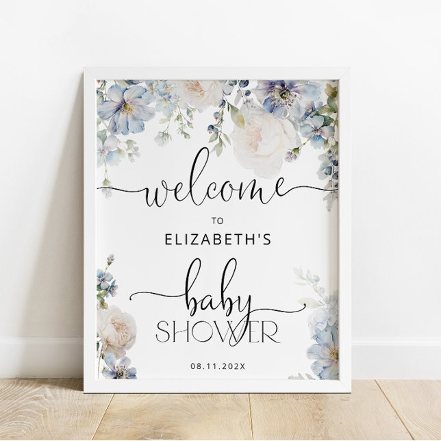 Aquarelle bleu Baby shower Floral Accueil Poster (Créateur téléchargé)