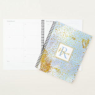 Aquarelle bleu clair et monogramme de confetti or