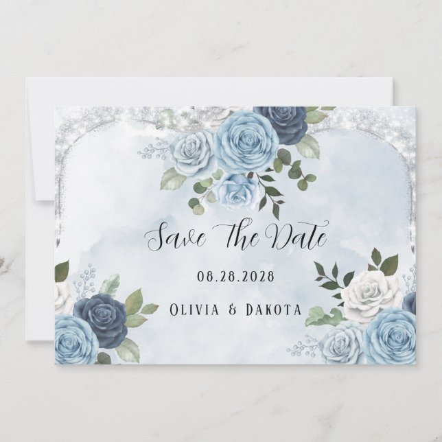 Aquarelle Bleu Dusty Floral Enregistrer Les Cartes (Devant)