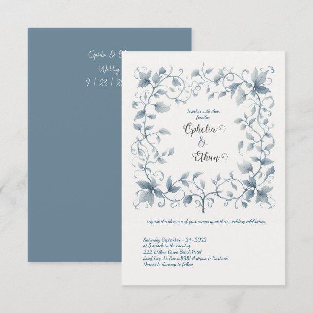 Aquarelle bleu Dusty Floral faire-part de mariage (Devant / Derrière)