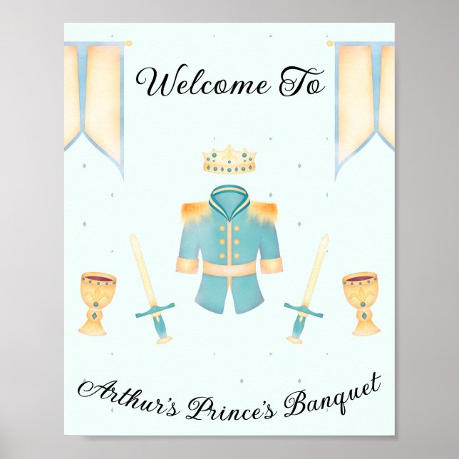 Aquarelle bleu et or Petite Affiche de bienvenue P (Devant)