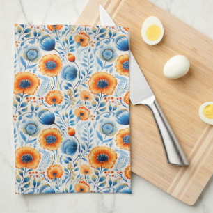 Aquarelle Bleu et Orange Floral Serviette de cuisi