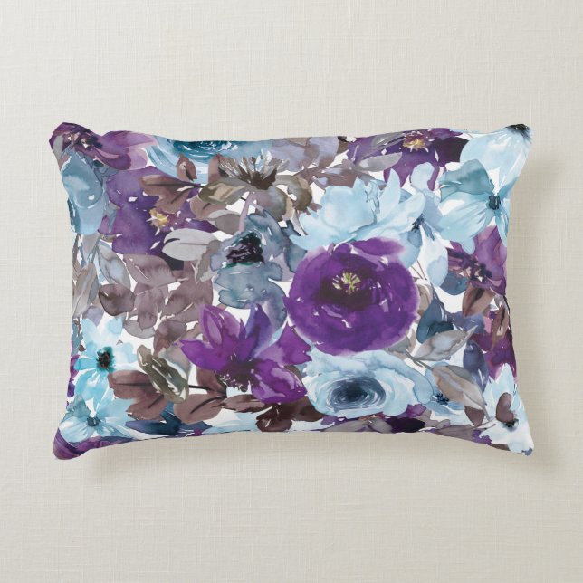 Aquarelle bleu et violet Coussin d'accents floraux (Devant)