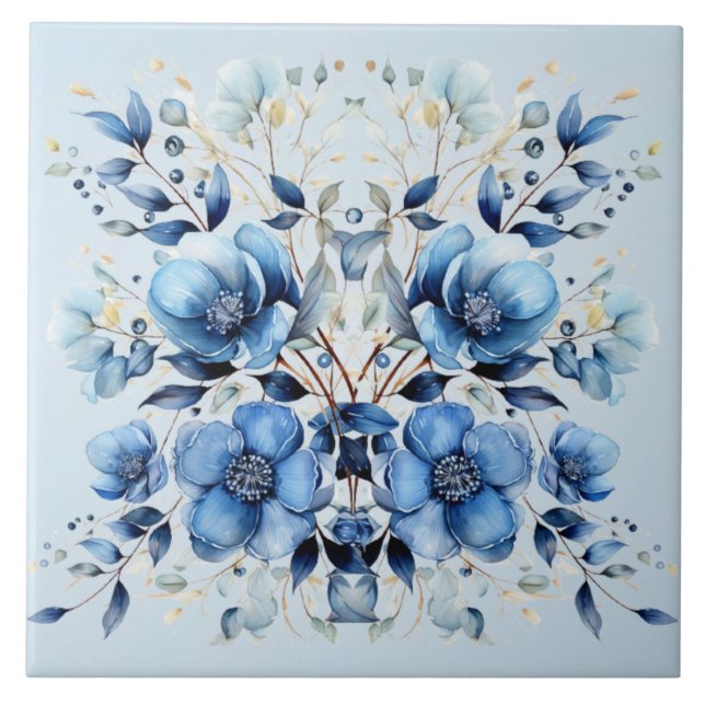 Aquarelle Bleu Fleurs Carreaux en céramique (Devant)