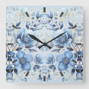 Aquarelle Bleu Fleurs Horloge murale