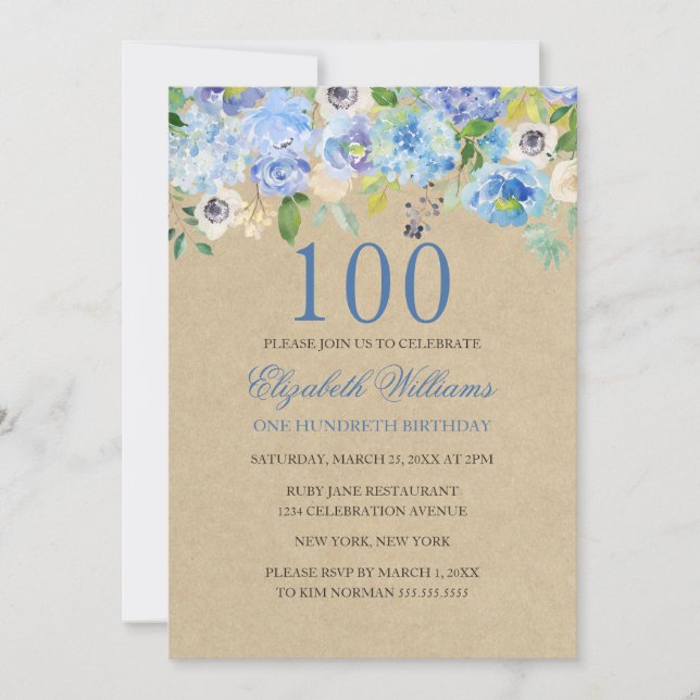 Aquarelle bleu Floral 100e anniversaire Invitation (Devant)