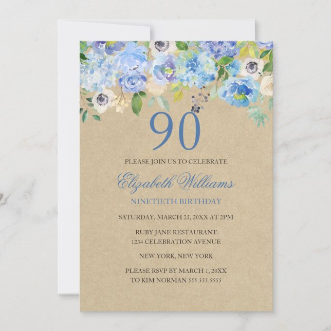 Aquarelle bleu Floral 90e anniversaire Invitation (Devant)