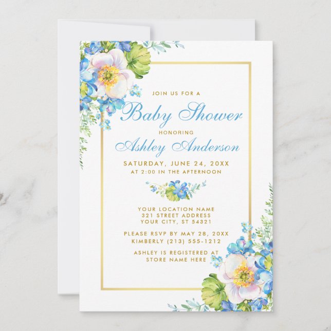 Aquarelle Bleu Floral Baby shower Or Invitation (Devant)