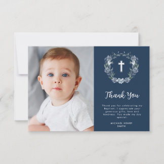 aquarelle bleu floral baptême carte de remerciemen