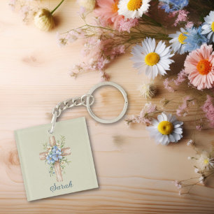 Aquarelle bleu Floral Croix personnalisée
