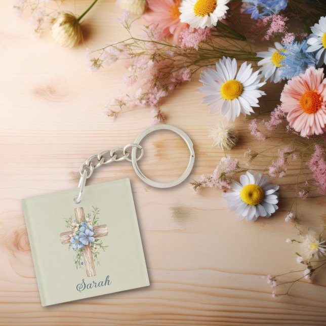 Aquarelle bleu Floral Croix personnalisée (Watercolor Blue Floral Cross Personalized Keychain
)