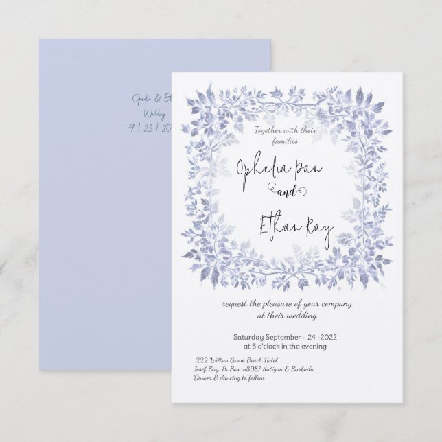 Aquarelle Bleu Floral faire-part de mariage orné (Devant / Derrière)