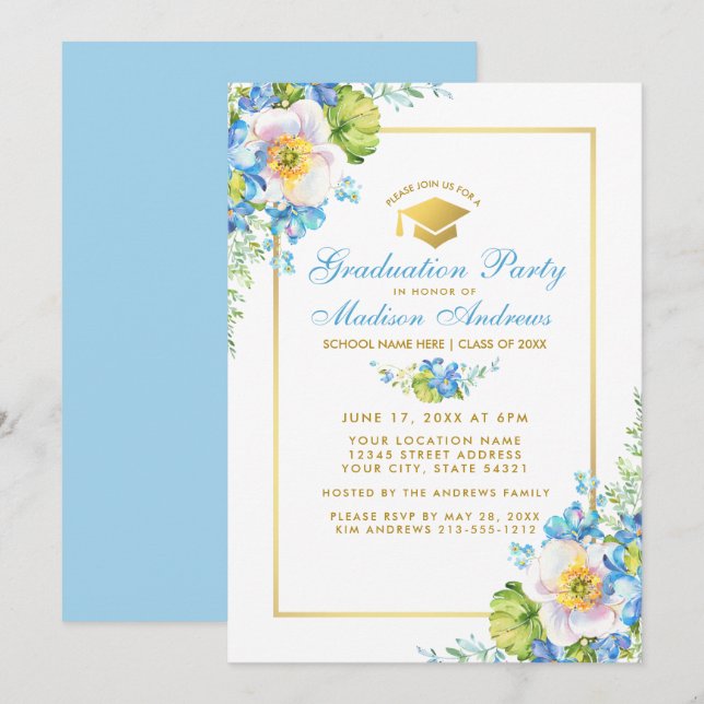 Aquarelle Bleu Floral Gold Grad Party Invitation B (Devant / Derrière)