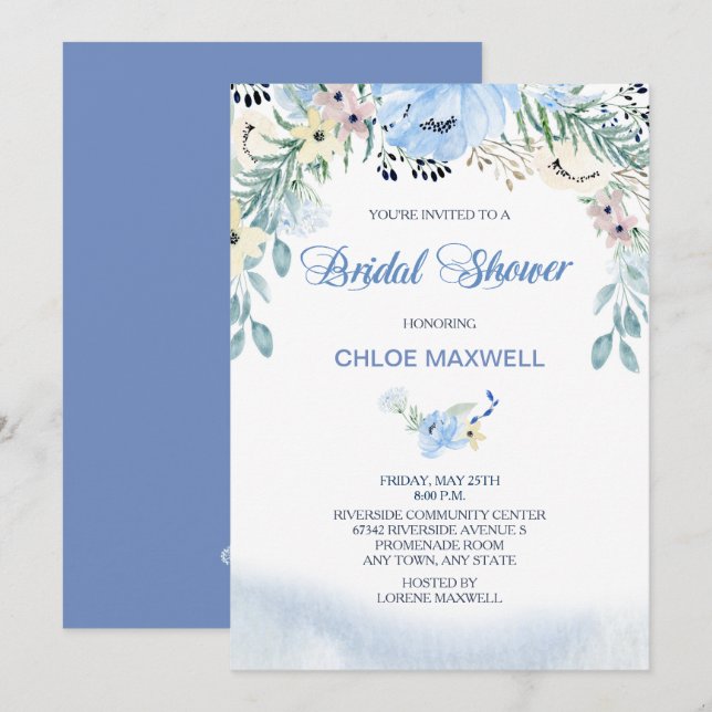 Aquarelle bleu Floral Invitation de douche nuptial (Devant / Derrière)