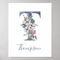 Aquarelle bleu Floral Monogramme T Nom Poster