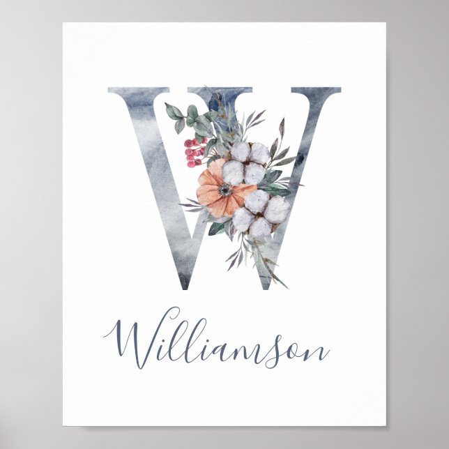 Aquarelle bleu Floral Monogramme W Nom Poster (Devant)