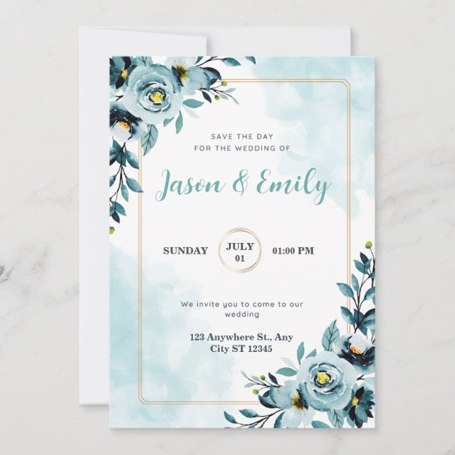 Aquarelle bleu flore élégante invitation de mariag (Devant)