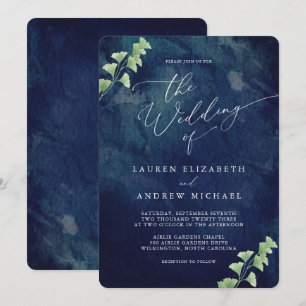 Aquarelle bleu foncé Faire-part de mariage de verd