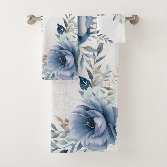 Aquarelle bleu foncé Fleurs Argent Élégant (En situation)