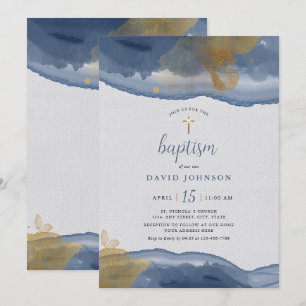  Aquarelle bleu   Gold Boys Baptism Invitation