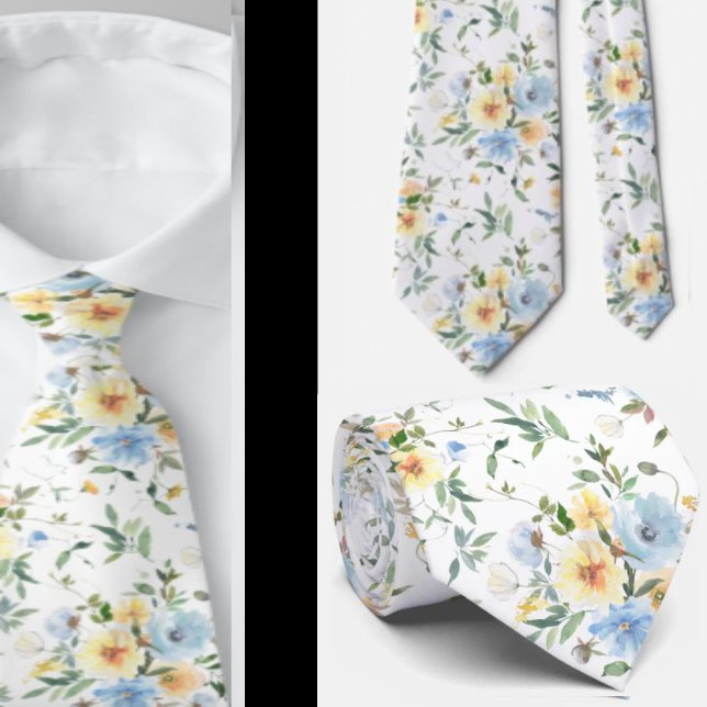 Aquarelle bleu jaune Floral Cravate Necktie (Créateur téléchargé)