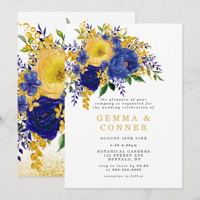 Aquarelle bleu jaune Floral Wedding Invitations (Devant / Derrière)