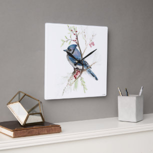 Aquarelle bleu Jay Bird Art Carré Horloge murale