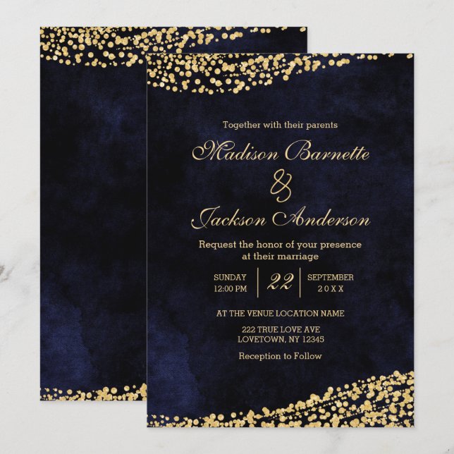 Aquarelle bleu marine et Faire-part de mariage or (Devant / Derrière)
