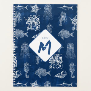 Aquarelle bleu marine Océan Animaux marins Monogra