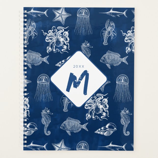 Aquarelle bleu marine Océan Animaux marins Monogra (Devant)