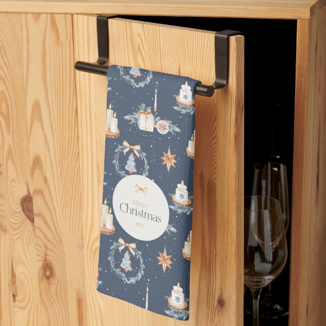 Aquarelle bleu marine Serviette de cuisine de Noël (Pliage en tiers)