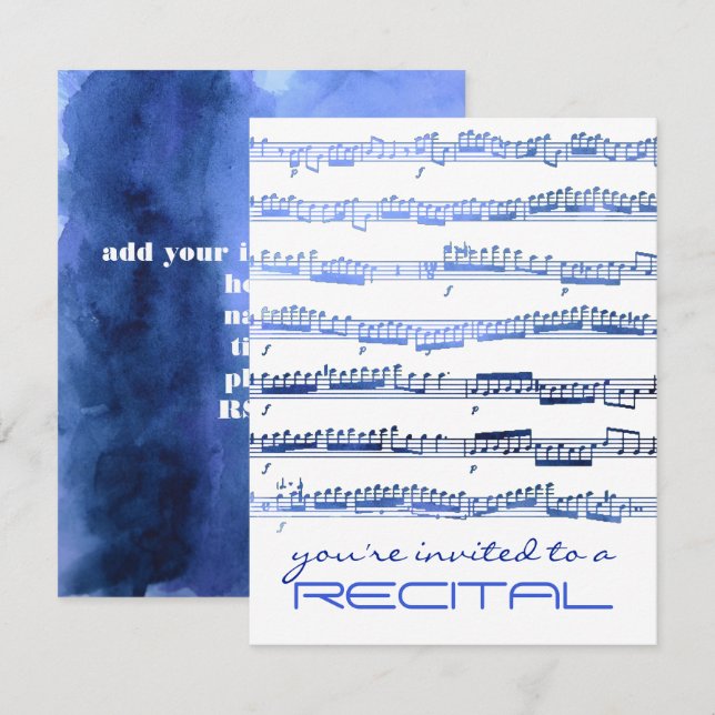 aquarelle bleu notes musique récitation invitation (Devant / Derrière)
