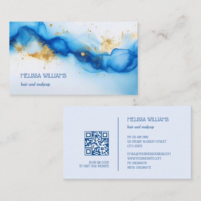 Aquarelle bleu or | Carte de visite de code QR (Devant / Derrière)