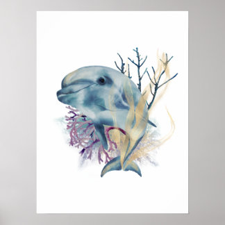 Aquarelle bleu & or Dolphin Mur Art Poster