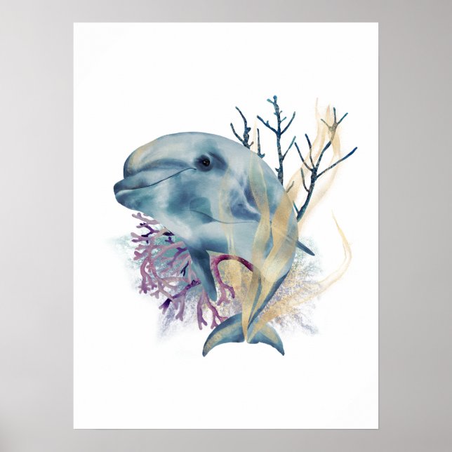Aquarelle bleu & or Dolphin Mur Art Poster (Devant)