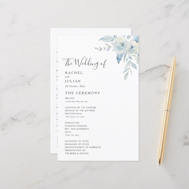 Aquarelle bleu pâle programme de mariage floral (Devant/Arrière en situation)