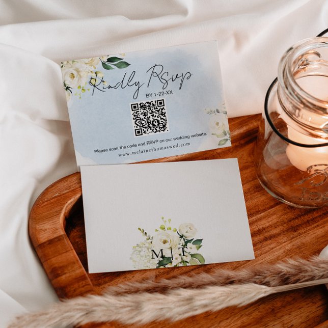 Aquarelle bleu Rose blanche Mariage Carte RSVP (Créateur téléchargé)