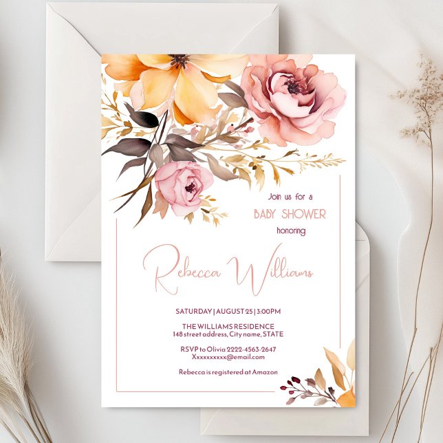 Aquarelle bleu rose fille bébé invitation douche (Dusty pink peonies watercolor baby shower invitation)