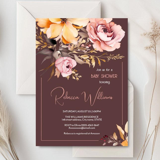 Aquarelle bleu rose fille bébé invitation douche (Blush pink and peach peonies watercolor girl baby shower invitation )
