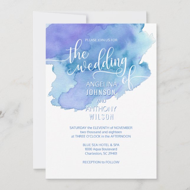 Aquarelle Bleu Turquoise Violet Mariage Invitation (Devant)